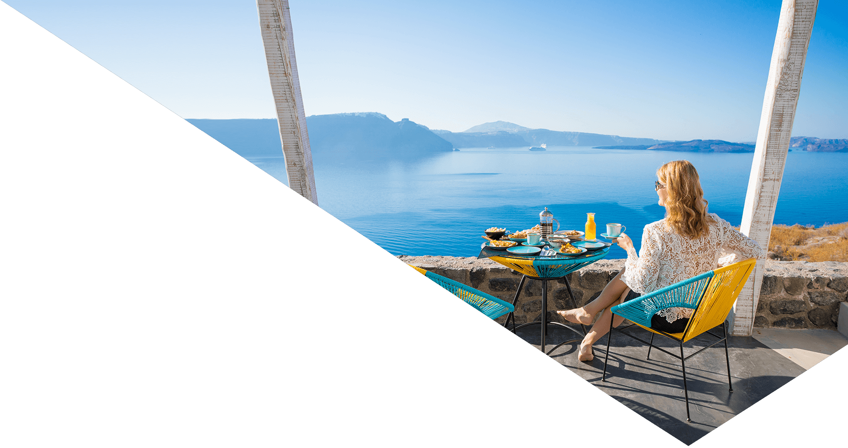 Image showing a woman dining by lake in a sunny day