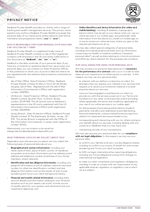 Centurium Bank privacy notice